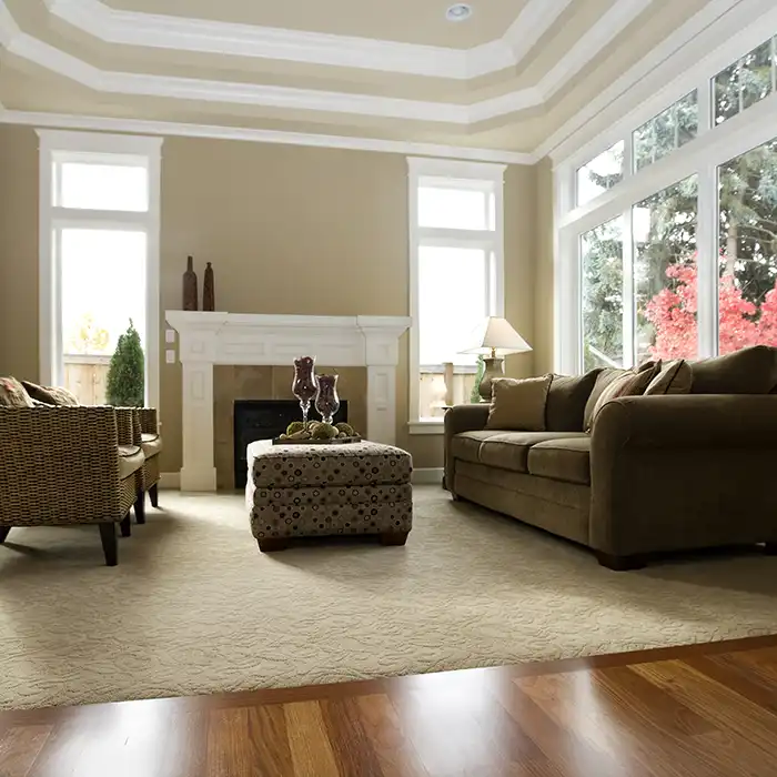 carpeted living room with hardwood flooring on the outskirt